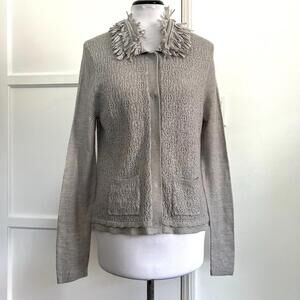 Chelsea & Violet Women L Gray Pointelle Knit Cardigan Fringe Collar Wool Blend